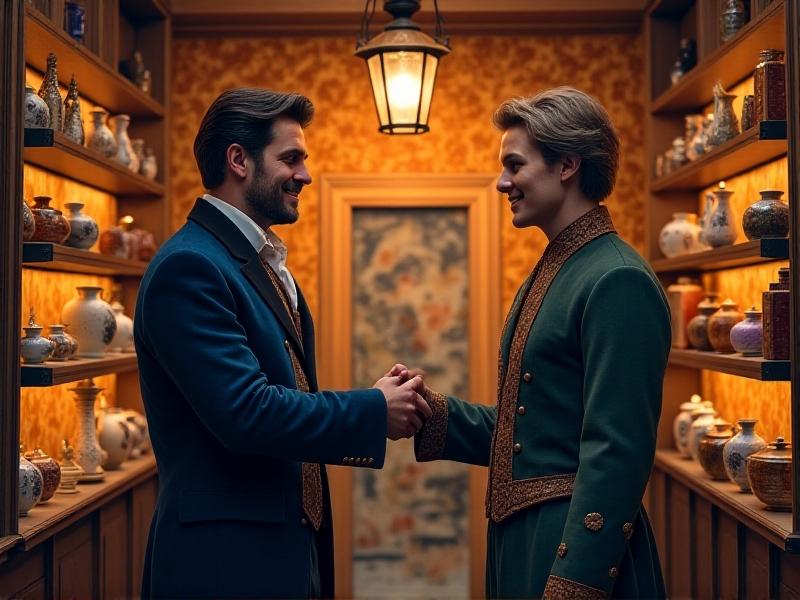Two individuals shaking hands in a warmly lit antique shop, surrounded by shelves filled with rare collectibles, showcasing a moment of mutual respect and trust.
