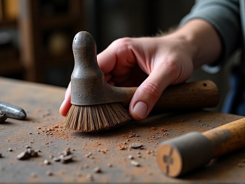 A close-up of a hand using a wire brush to clean a hammer face, with rust and debris being removed. The workshop setting includes various tools and a wooden workbench, emphasizing the meticulous preparation required before heat-treating.