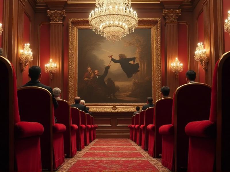 An elegant auction house interior with a chandelier, red velvet chairs, and a large painting on display. The atmosphere is sophisticated and professional, with bidders holding paddles, emphasizing the importance of trust and authenticity in high-value transactions.