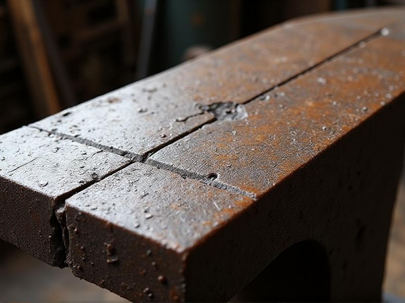 A close-up of an anvil face showing deep dents, scratches, and signs of rust. The surface is uneven, highlighting the wear and tear from years of use in a blacksmith's workshop.