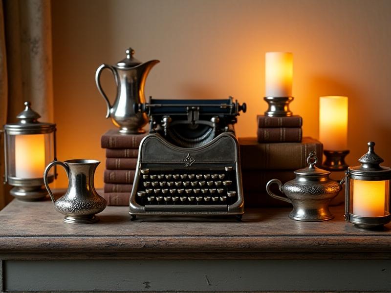 A curated collection of antique items displayed on a rustic wooden table, including a silver tea set, a vintage typewriter, and a stack of old books. The warm, golden lighting creates a nostalgic atmosphere, highlighting the unique character and history of each piece.