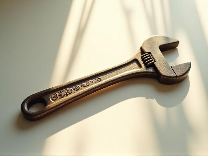 A well-lit photograph of a vintage wrench with detailed metalwork, placed on a white background with soft shadows, showcasing its intricate design and craftsmanship.