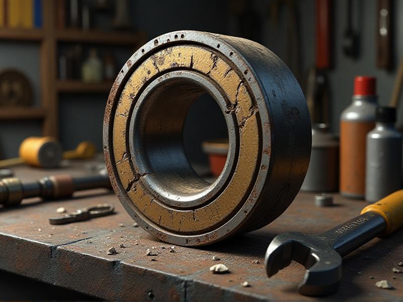 A damaged Babbitt bearing with visible signs of wear, including scratches, pitting, and discoloration. The bearing is placed on a workbench with tools and cleaning supplies nearby, suggesting an in-progress restoration process.