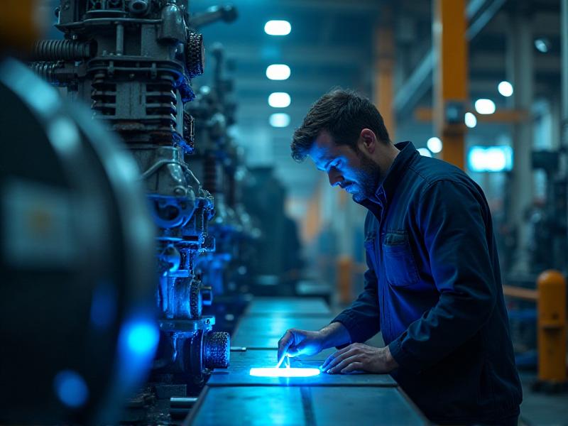 A technician holding a UV light over a large piece of machinery in a factory setting. The machinery is made of metal, with several fluorescent patches indicating hidden repairs. The factory is brightly lit with industrial lighting, creating a busy and productive atmosphere.