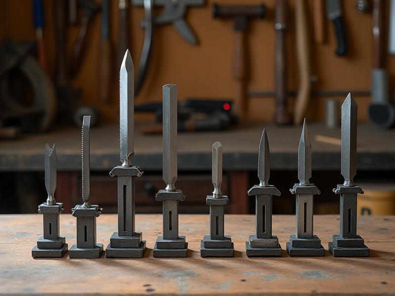 An assortment of sharpening jigs displayed on a table, including adjustable-angle jigs, rotary jigs, and serrated jigs. Each jig is shown holding a different type of blade, with a focus on the unique features that make them suitable for irregular profiles. The setting is a well-lit workshop with tools in the background.