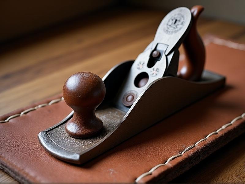 Close-up of an authentic Civil War-era hand plane with a worn wooden handle and a rusted iron blade, resting on a vintage leather tool roll, highlighting the tool's age and historical use.