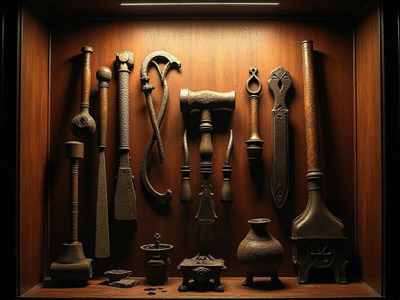 An antique collection of wrought iron and cast iron tools displayed in a museum setting. The wrought iron tools include hammers, chisels, and tongs, with visible hammer marks and a rough texture. The cast iron tools feature ornate designs, such as decorative hinges and gears, with a smooth, polished surface. The display is lit with warm, ambient lighting, evoking a sense of historical significance.