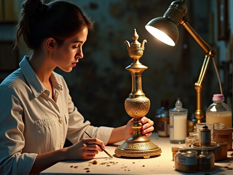 A detailed view of a restorer using a fine brush to apply a chemical stripper to a small section of an antique brass lamp. The soft lighting highlights the careful attention to detail and the object’s intricate design.