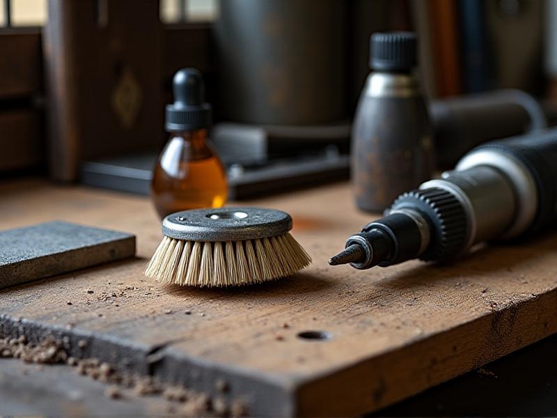 A collection of tools laid out on a workbench, including a wire brush, penetrating oil, hammer, punch, and rotary tool. The tools are arranged neatly, with a focus on their functionality in removing rust and restoring metal surfaces.