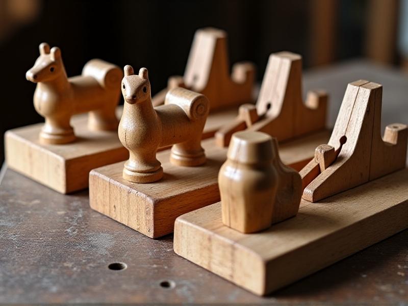 A collection of different safety jigs arranged on a wooden workbench, including jigs for chisels, knives, and plane blades. Each jig is labeled and shown in detail, highlighting their unique features and adjustability.