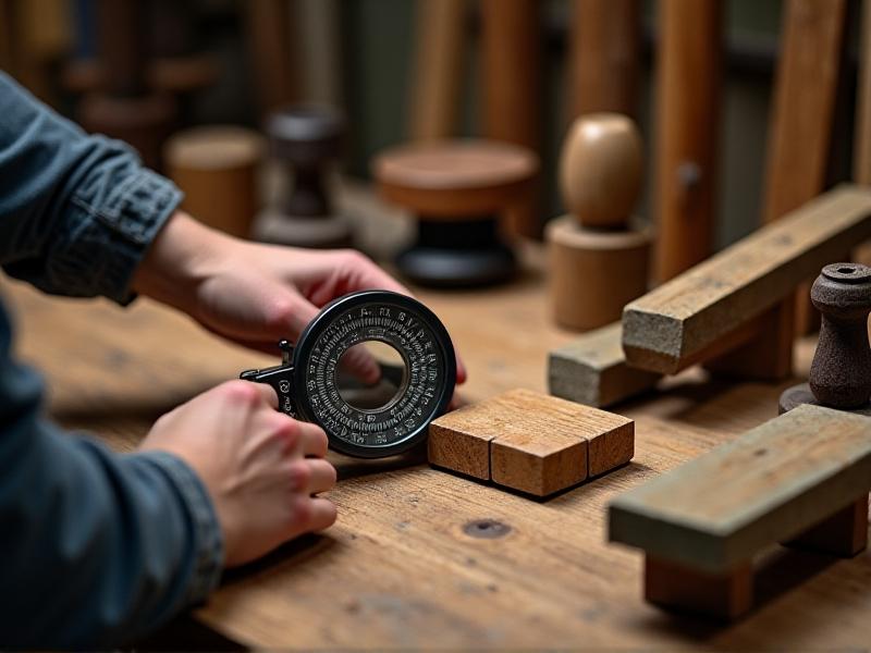 A craftsman using a honing guide angle calculator to set up a honing guide for sharpening a chisel. The image shows the calculator placed on a wooden workbench with the chisel and honing guide in the foreground, highlighting the step-by-step process of achieving the correct angle for sharpening.