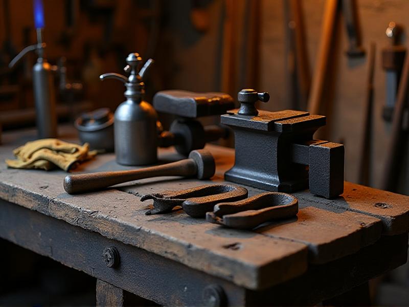 A collection of blacksmithing tools arranged on a wooden workbench, including a ball-peen hammer, vise, propane torch, and safety gloves. The tools are neatly organized, with a pair of warped tongs placed in the center, ready for repair. The warm lighting and rustic setting evoke a sense of craftsmanship and practicality.