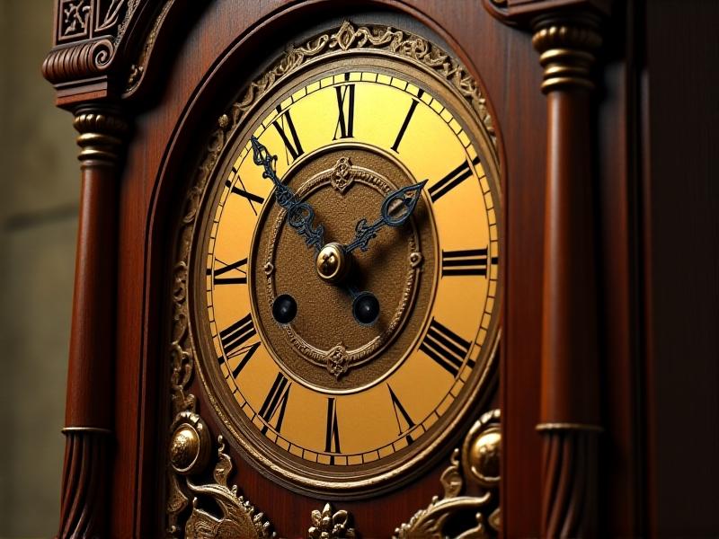 A close-up of a vintage grandfather clock with intricate wooden carvings and a brass pendulum. The clock's face features Roman numerals and ornate hands, set against a backdrop of rich, polished wood. The warm lighting accentuates the clock's timeless elegance and craftsmanship.