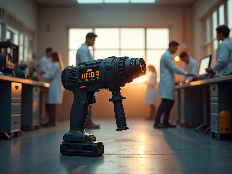 A modernized power hammer with a sleek digital control panel and upgraded safety features. The workshop is bright and modern, with clean lines and organized tools, highlighting the integration of new technology with traditional craftsmanship.