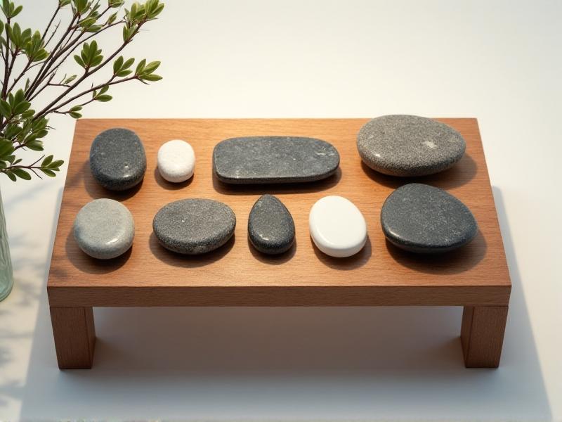 A neatly arranged collection of Japanese water stones on a wooden bench. The stones vary in color and texture, from coarse gray stones to fine, polished white stones. The image highlights the diversity of water stones and their importance in the honing process, set against a clean, minimalist background.