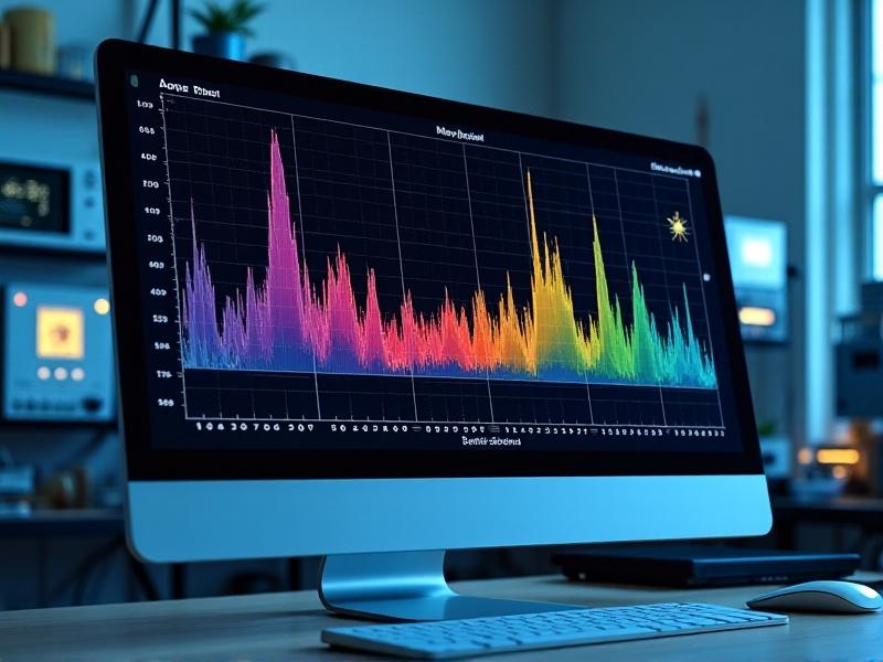 A detailed XRF spectrum displayed on a computer screen, showing peaks corresponding to different elements. The graph has a clean, scientific aesthetic, with labeled axes and colorful peaks representing the intensity of emitted X-rays. The background includes a laboratory setup with analytical equipment.