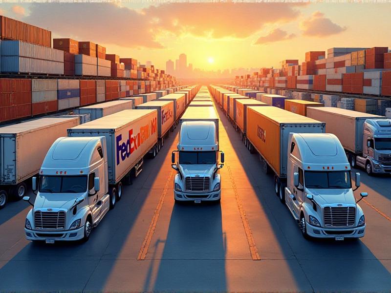 A lineup of delivery trucks from various carriers, including FedEx, UPS, and regional logistics companies, parked in a busy shipping hub, showcasing the range of options available for transporting heavy items.