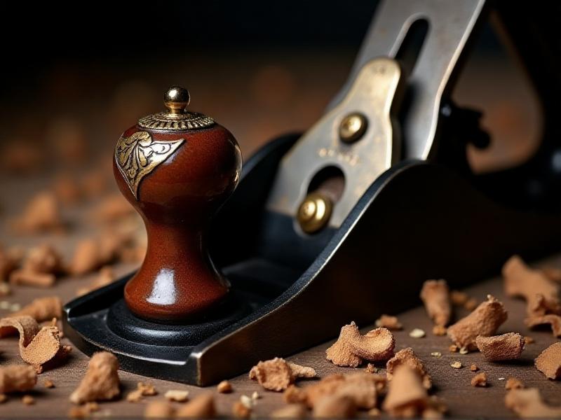 A close-up of a Stanley plane’s lever cap, tote, and lateral adjustment lever, showcasing intricate details and craftsmanship. The plane’s black body contrasts with the brass and wooden components, set against a backdrop of wood shavings. The image emphasizes the key features that define each plane type.
