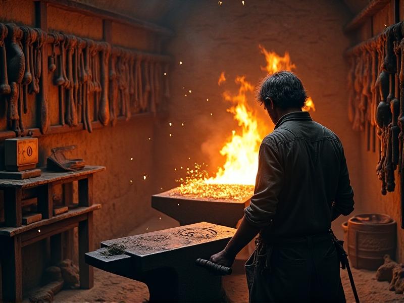 A blacksmith using a large file to smooth the face of an anvil in a rustic workshop. Sparks fly as the file moves across the metal, with a glowing forge and tools in the background.