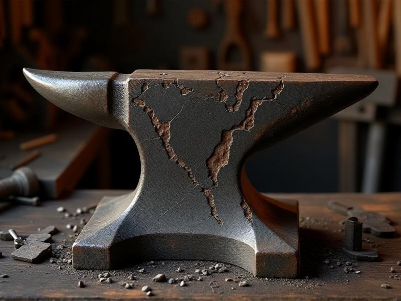 A close-up image of an anvil showing various signs of wear and tear, including chipped edges, cracks, and surface deformation. The anvil is placed on a sturdy wooden stand in a dimly lit workshop, with scattered tools and metal shavings around it. The lighting highlights the damaged areas, emphasizing the need for repair and maintenance.