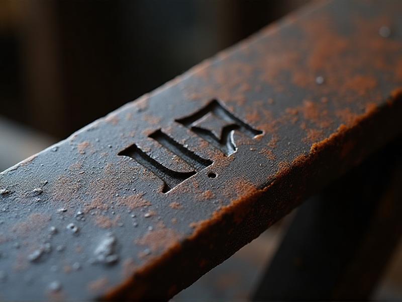 A close-up of an antique iron tool with a distinct blacksmith marking, featuring intricate details and a weathered patina. The mark is stamped deeply into the metal, surrounded by rust and wear, suggesting its age and historical significance.