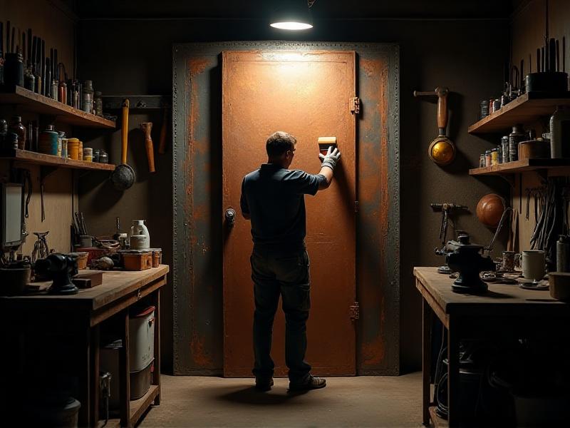 A craftsman wearing gloves carefully applies a chemical stripper to a vintage metal door. The scene is set in a workshop with tools and safety equipment visible, emphasizing precision and care in the restoration process.