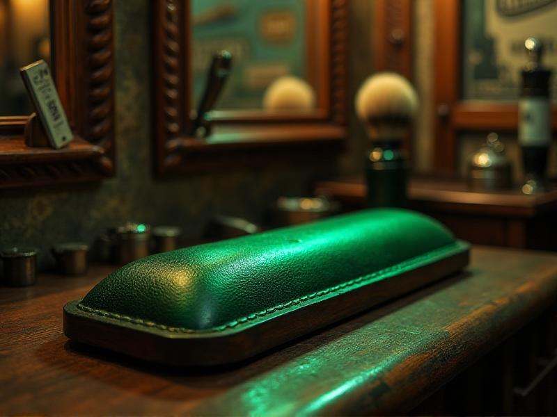 A leather strop with green chromium oxide applied, showing the vibrant green color of the compound. The image is set in a barber shop, with a straight razor and shaving brush nearby, emphasizing its use in grooming.