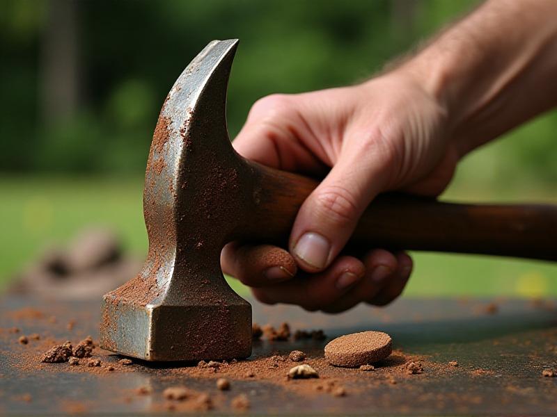 A series of frames showing the step-by-step restoration of a hammer, from initial rust removal to final polishing, with close-ups of hands using sandpaper, brushes, and polishing cloths.