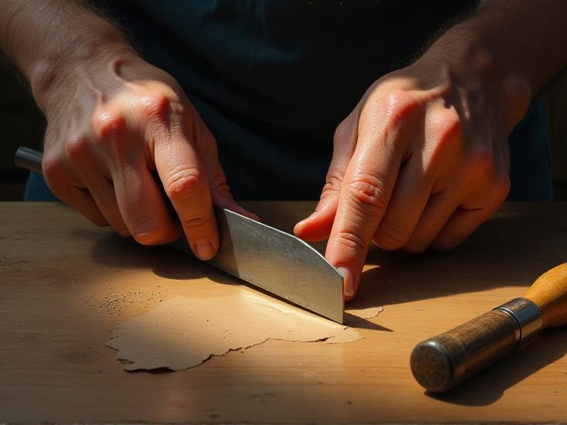 A woodworker’s hands demonstrating the Scary Sharp Method: flattening the back of a chisel on sandpaper, honing the bevel, and polishing the edge. The image captures the meticulous process of achieving a mirror finish.