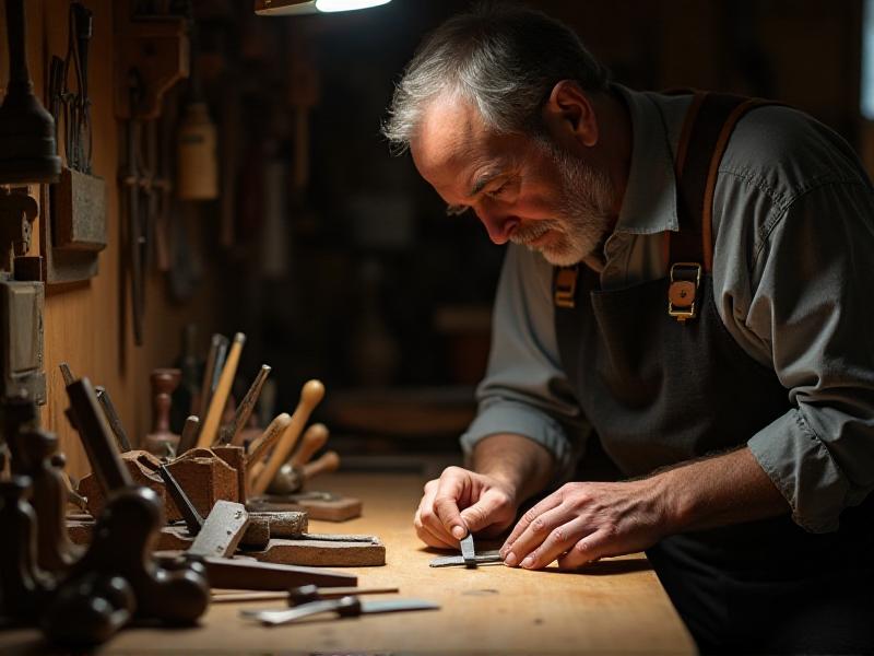 A cabinetmaker carefully selecting the right micro-bevel angle for a chisel, with various chisels and sharpening stones laid out on a wooden workbench. The chisel in hand is being examined under a bright light, highlighting the sharp edge and the micro-bevel. The background shows a workshop with tools and wood pieces, creating a sense of a professional and organized workspace.