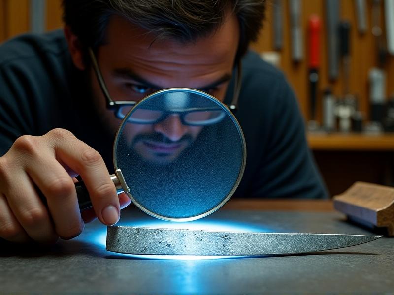A person inspecting a knife blade under bright light, using a magnifying glass to examine pitting and corrosion. The blade reflects the light, revealing detailed imperfections. The setting is a well-lit workshop with tools in the background.