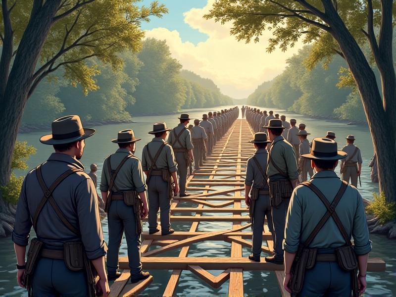 A detailed illustration of Civil War engineers using carpenter tools to construct a wooden pontoon bridge over a river, with soldiers and horses in the background, showcasing the collaborative effort and historical context.