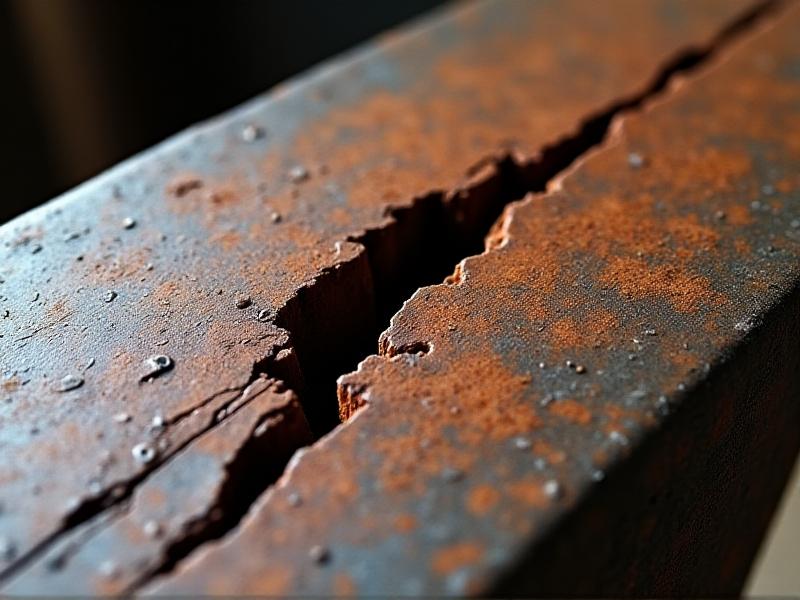 A close-up view of a cracked anvil base, showing a deep fissure running through the metal. The surrounding area is rusted and worn, with visible signs of wear and tear. The image conveys the need for immediate repair.