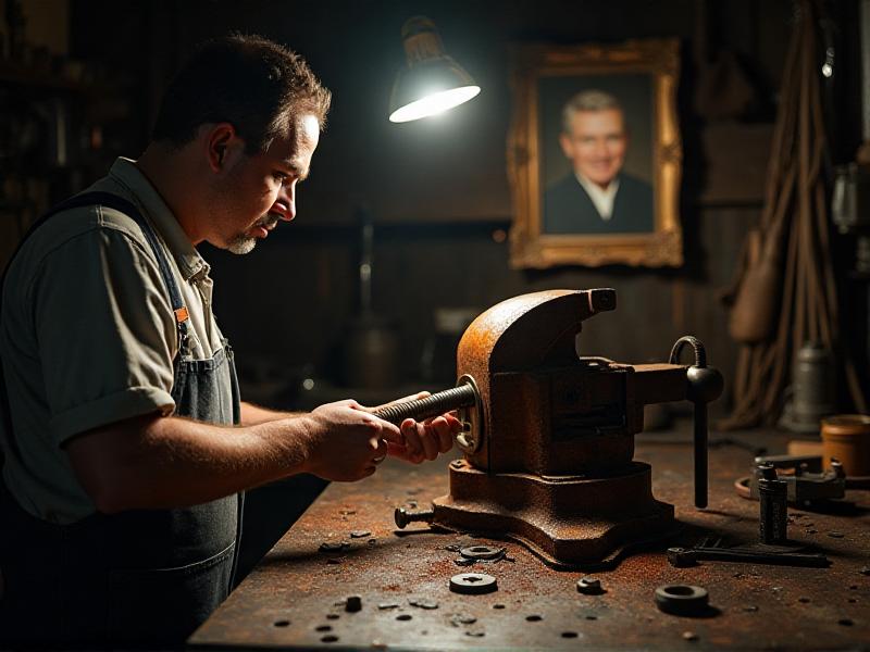 A partially disassembled vise on a workbench, with the screw mechanism and movable jaw separated. The image shows the rusted components being cleaned with a wire brush and penetrating oil, highlighting the meticulous process of restoration.