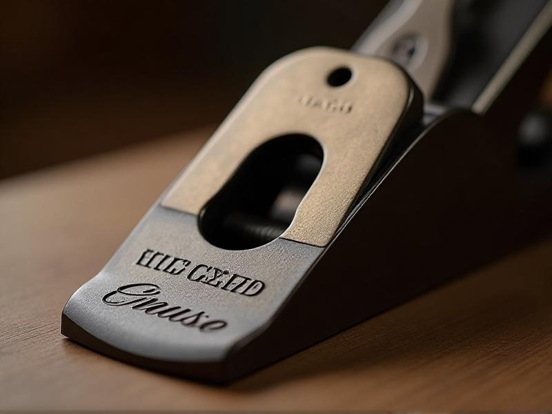 A close-up photograph of a genuine Sheffield plane iron, showcasing its polished steel surface, sharp edge, and intricate manufacturer's logo engraved near the base, with soft studio lighting highlighting its craftsmanship.