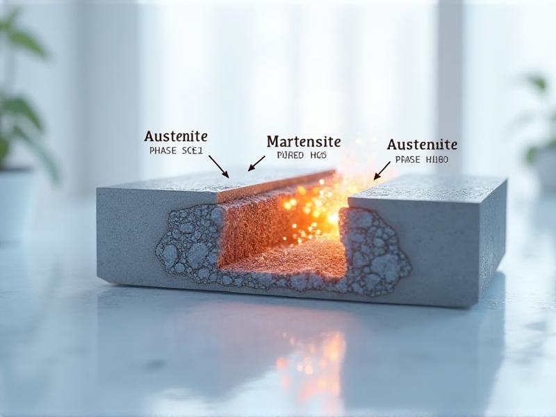 An illustrative diagram showing the phase transformation from austenite to martensite in steel during cryogenic tempering. The diagram features a cross-section of a steel sample, with color-coded phases and arrows indicating the cooling and heating process. The background is a clean, white laboratory setting with a focus on educational clarity.