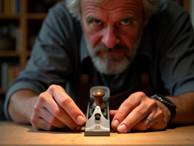 A woodworker inspecting a hollow-ground plane iron under bright workshop lighting. The concave shape of the iron is clearly visible, with the worker’s hands holding it carefully. The image emphasizes the importance of attention to detail in tool identification.