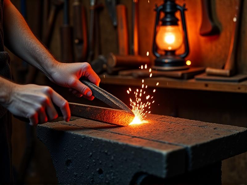A close-up of a blacksmith’s hands forging a chisel, with sparks flying and the glowing metal being shaped on an anvil, set in a dimly lit workshop with tools scattered in the background.