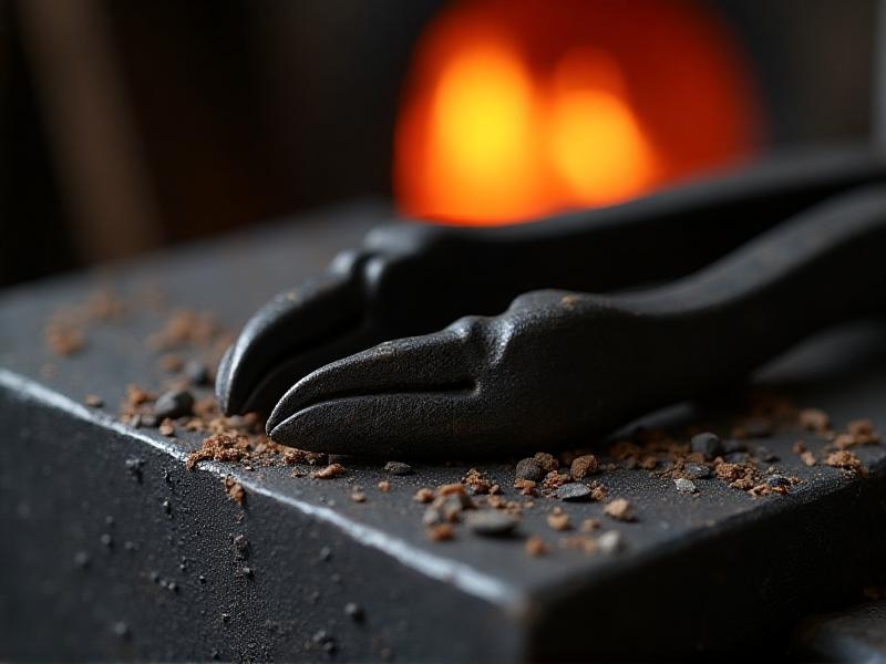 Close-up of a pair of blacksmith tongs with bent jaws and a twisted handle, resting on a metal anvil. The tongs are surrounded by scattered metal shavings and tools, with a glowing forge in the background. The lighting highlights the imperfections in the tongs, emphasizing the need for repair and maintenance.