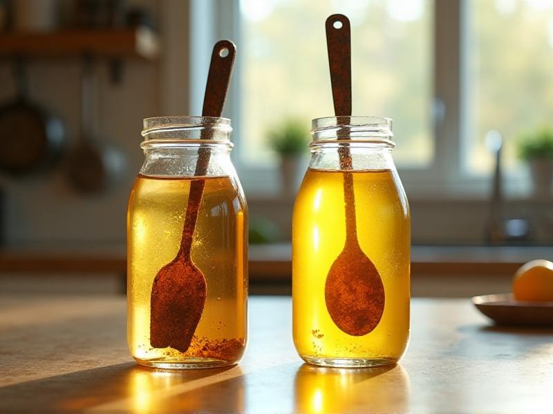 A side-by-side comparison of vinegar and citric acid in glass jars, showing their liquid forms with a rusty metal tool submerged in each. The setting is a well-lit kitchen counter with natural sunlight streaming through a window, emphasizing the clarity of the liquids and the texture of the rust.
