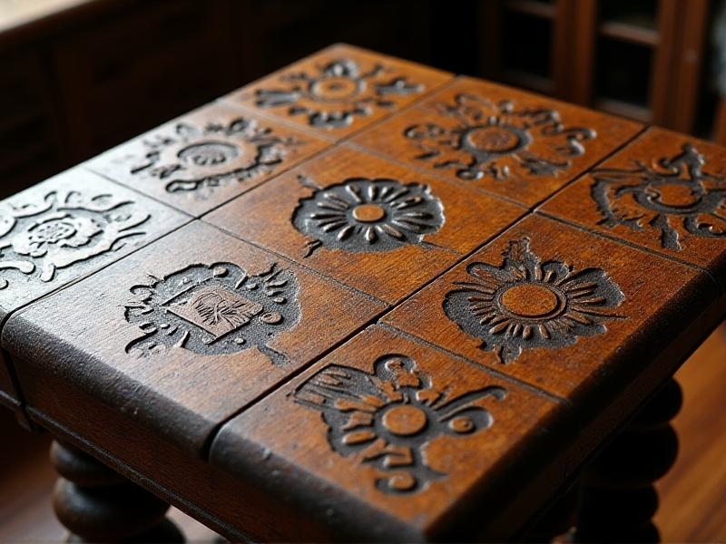 A collection of 19th-century blacksmith markings displayed on a wooden table, showcasing a variety of symbols, initials, and designs. Each mark is unique, with different levels of intricacy and wear, highlighting the diversity of blacksmith traditions.
