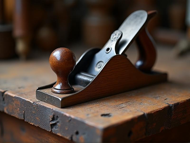 A close-up of a vintage hand plane with intricate wood grain and metal detailing, placed on a weathered workbench with a soft focus background, emphasizing the tool’s craftsmanship and history.