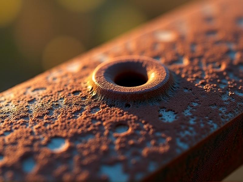 A detailed macro shot of rusted metal, showing the orange-brown, flaky texture of iron oxide. The background is blurred, with a focus on the intricate patterns of corrosion. The lighting is soft, emphasizing the natural degradation process.