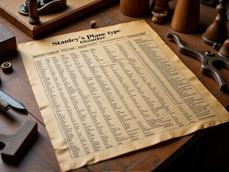 A detailed Stanley Plane Type Study Chart displayed on a wooden table, featuring columns of information about different plane types. The chart is printed on aged paper with clear, legible text, surrounded by vintage woodworking tools. The image highlights the meticulous documentation of Stanley plane variations.