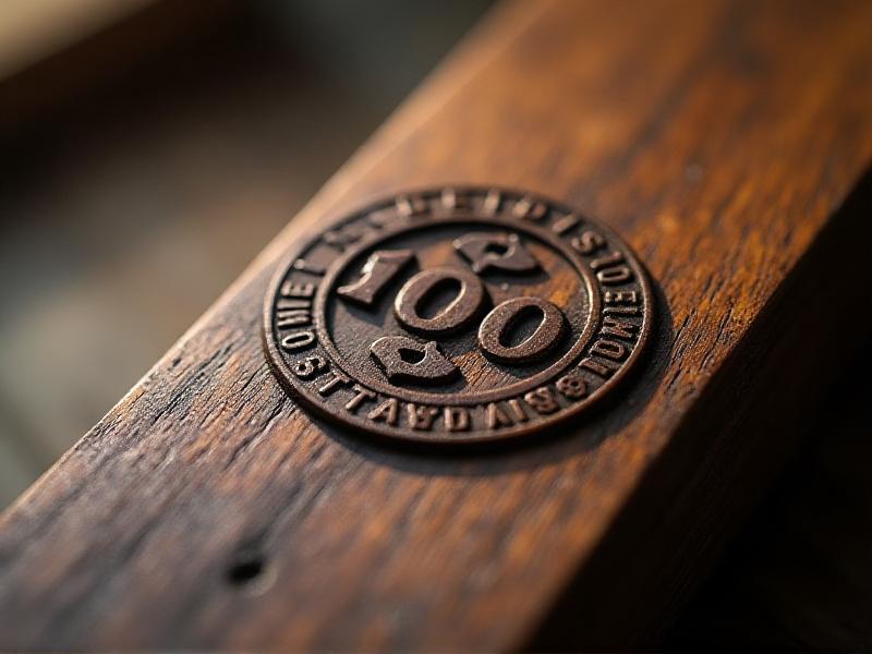 A close-up view of a wooden plane maker’s stamp, showing detailed engraving of the maker’s name and location. The stamp is set against the smooth, aged wood of the plane, with soft lighting emphasizing the depth and precision of the engraving.