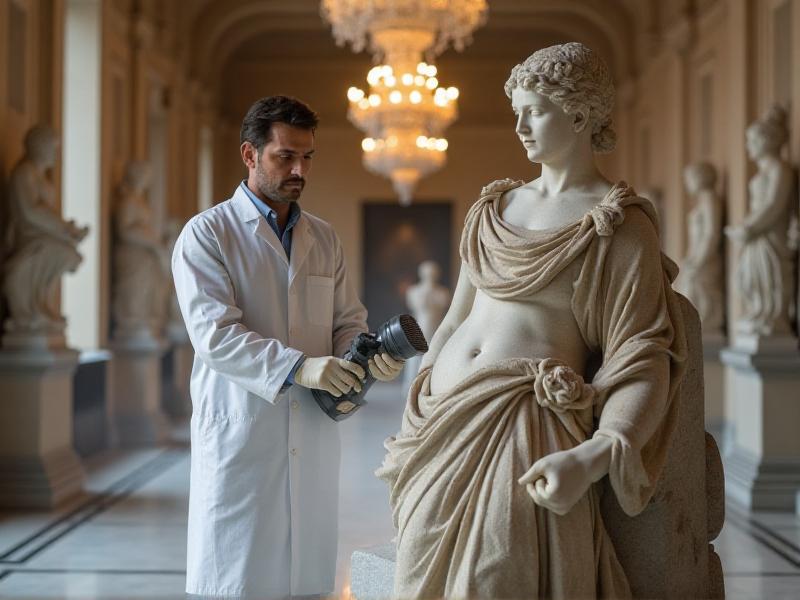 A conservator using a dry ice blasting machine to clean an ancient stone sculpture in a museum setting. The sculpture is partially covered in soot, and the dry ice stream is carefully directed to remove the contaminants. The lighting is soft, creating a focused and professional atmosphere.