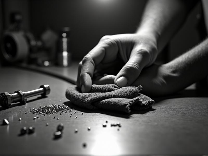 A hand cleaning a safety jig with a cloth, showing metal shavings being wiped away. The jig is partially disassembled, with screws and clamps laid out on a clean, well-lit workbench.