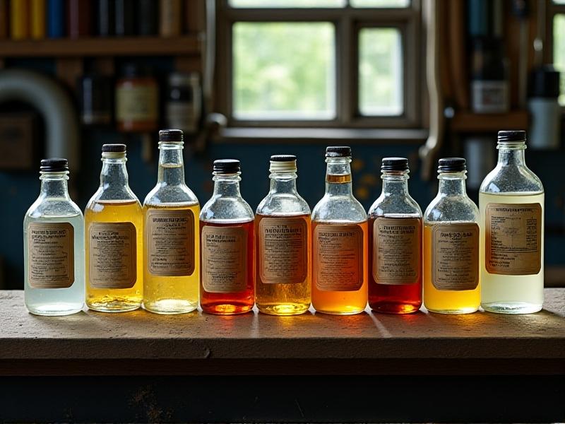 A collection of cleaning solutions in labeled bottles, arranged on a shelf in a workshop. The bottles are of various sizes and colors, with clear and amber glass, suggesting different chemical compositions.