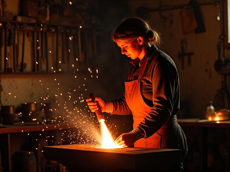 A blacksmith’s workshop with a Cooper’s adze being forged on an anvil, sparks flying, and the glow of the forge illuminating the intricate details of the tool’s creation, showcasing the artistry and skill involved in making these tools.