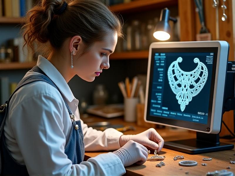 A technician using an XRF analyzer to test a piece of jewelry on a workbench. The jewelry is intricate and shiny, with a focus on the analyzer’s screen showing the elemental composition. The background is a jewelry workshop with tools, magnifying glasses, and other equipment.